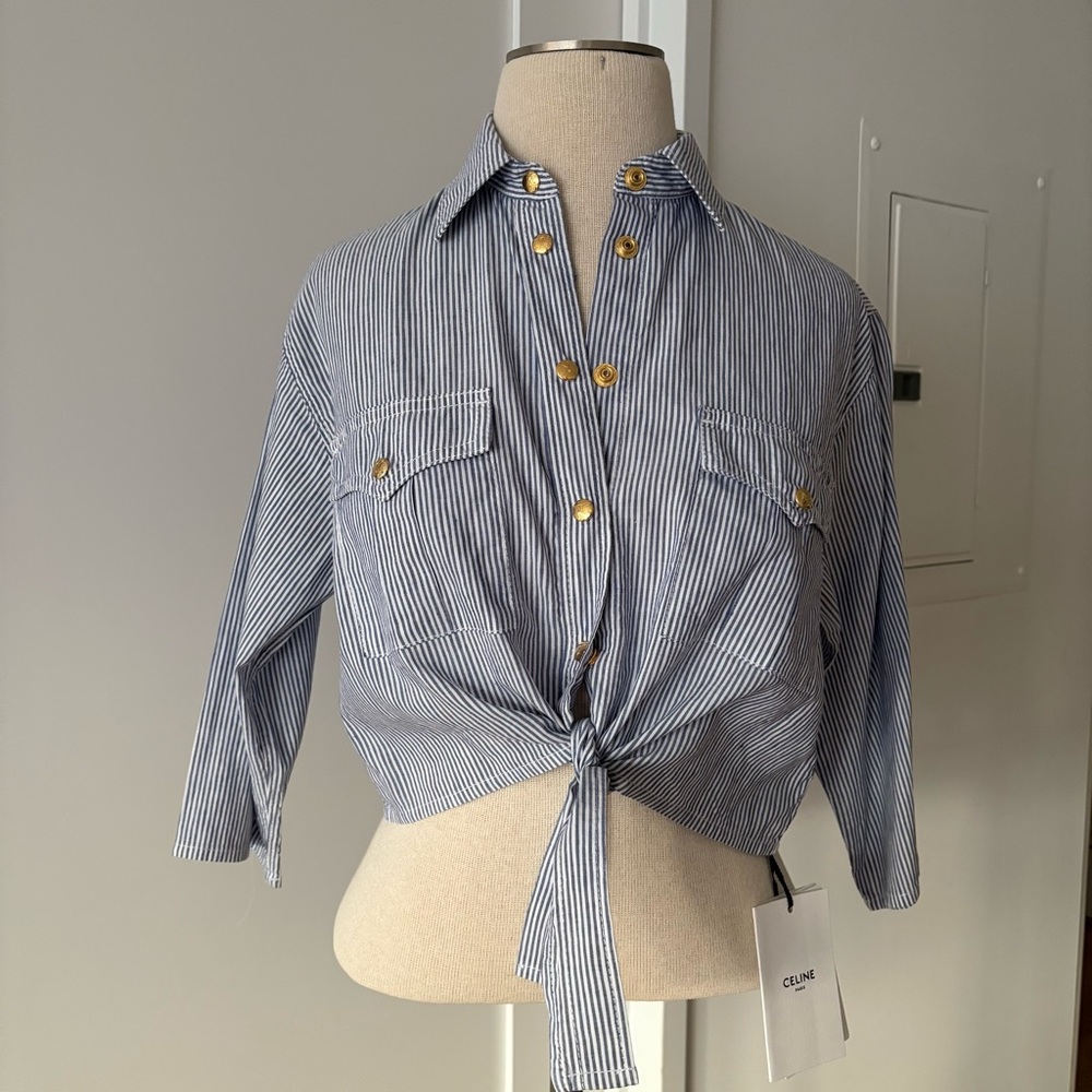 CELINE 3/4 Sleeve Blue White Stripe Button Down Crop Shirt Cotton Linen XS